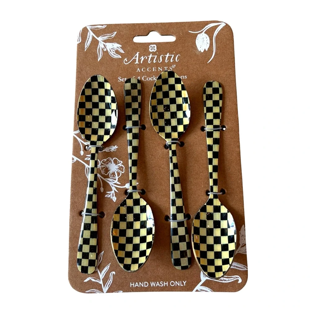 Artistic Accents Checkered Cocktail Spoons Set of 4 Enameled Cream & Black New